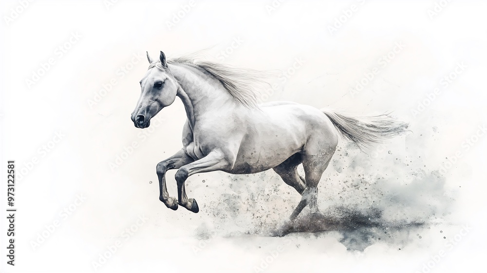 White Horse Galloping Through a Dust Cloud in a Watercolor Illustration AI Generated White Horse Galloping Through a Dust Cloud in a Watercolor Illustration AI Generated