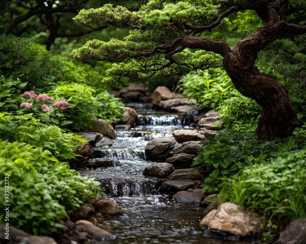 Serene Stream Through Lush Greenery A Tranquil Landscape Captured From Low Perspective With Water Cascading Over Stones and Vibrant Foliage Serene Stream Through Lush Greenery A Tranquil Landscape Captured From Low Perspective With Water Cascading Over Stones and Vibrant Foliage
