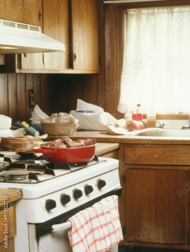 Warm Autumnal Cooking Scene in 1970s-Style Kitchen Vintage Stove, Traditional Meat Dishes, Nostalgic Comfort photo