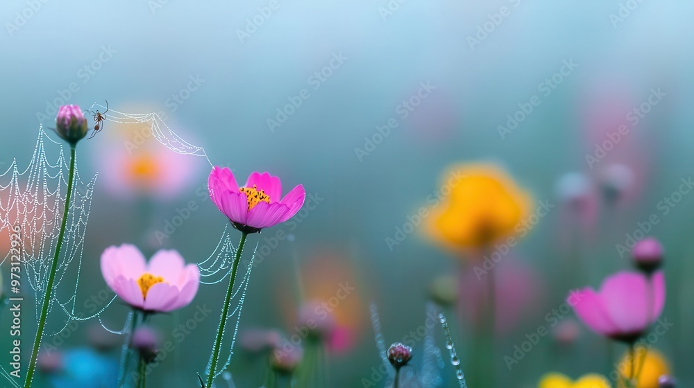 Obraz premium A soft, misty morning scene in a meadow, with dew-covered spiderwebs stretched between wildflowers spiderwebs, wildlife, botanical meadow