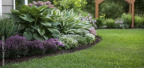 Low Angle View of Lush Green Lawn with Flower Bed Border and Blurred Garden Background