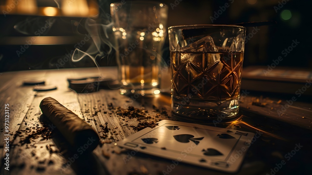 Cards and Whiskey: A moody scene with playing cards, a glass of whiskey, and a cigar on a dark wooden table.
Cards and Whiskey: A moody scene with playing cards, a glass of whiskey, and a cigar on a dark wooden table.