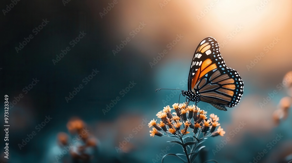A close-up of butterfly wings gently resting on a vibrant wildflower, highlighting the intricate details butterfly, wildlife, botanical close-up A close-up of butterfly wings gently resting on a vibrant wildflower, highlighting the intricate details butterfly, wildlife, botanical close-up