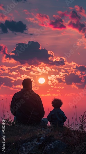 A father and child watching a vibrant sunset together, creating a moment of connection and tranquility in nature.