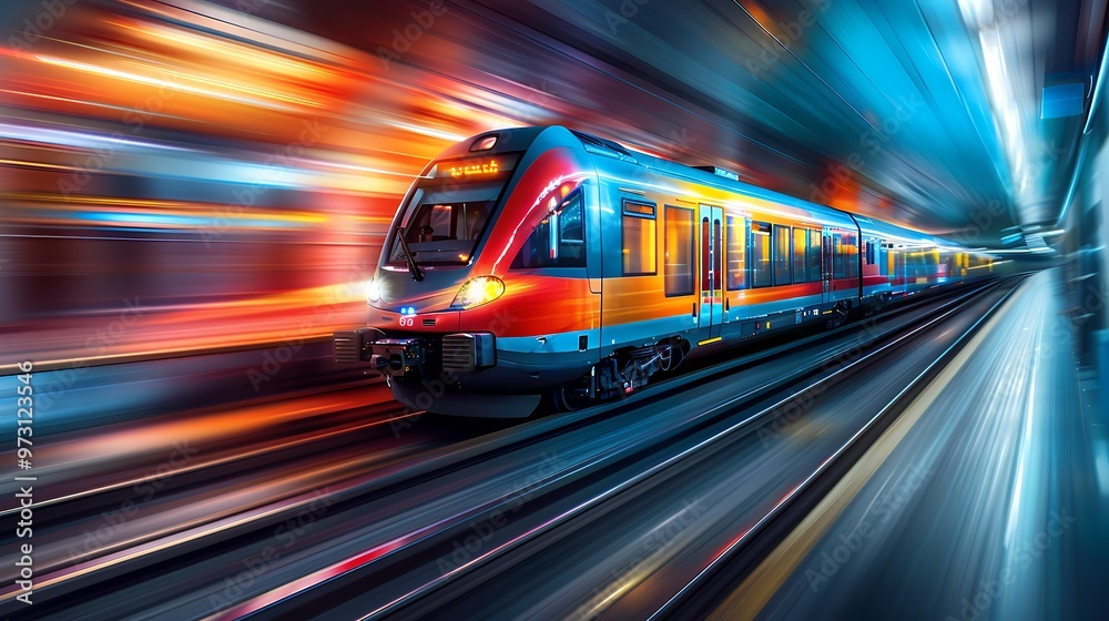A train speeds through a tunnel, creating a blur of colorful lights. A train speeds through a tunnel, creating a blur of colorful lights.
