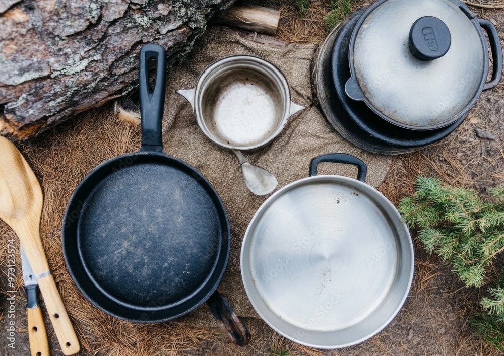 Group of Young Adults Outdoor Cooking While Camping, Daytime, Relaxed Mood, Sustainable Cooking Equipment, Natural Forest Setting Group of Young Adults Outdoor Cooking While Camping, Daytime, Relaxed Mood, Sustainable Cooking Equipment, Natural Forest Setting