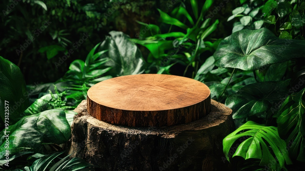 round piece of wood on a tree stump surrounded with lush exotic green plants mock up scene for advertising natural product round piece of wood on a tree stump surrounded with lush exotic green plants mock up scene for advertising natural product