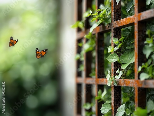 A rusted iron trellis supporting an overgrowth of blooming vines, with butterflies fluttering nearby trellis, wildlife, botanical garden photo