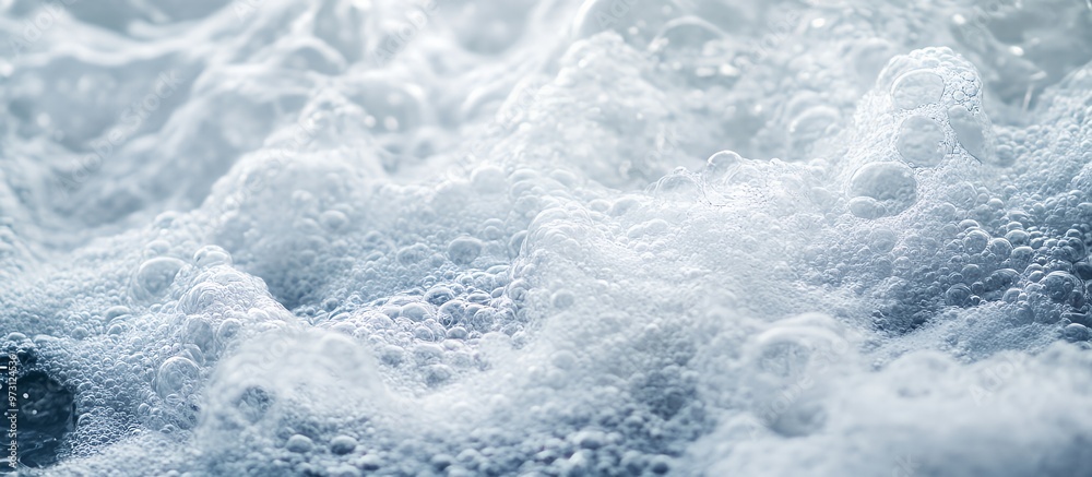 Close-up of water bubbles forming white foam, with blue water in the background. Close-up of water bubbles forming white foam, with blue water in the background.