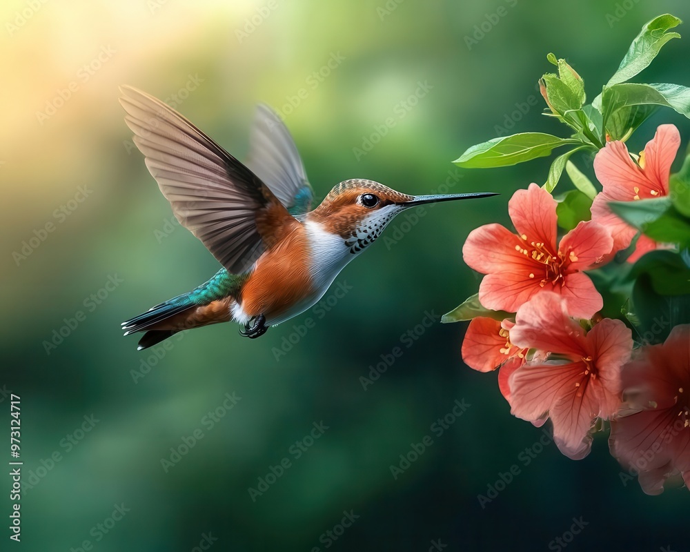 Naklejka premium A tiny hummingbird hovering near a bright red flower, its wings a blur in the morning light hummingbird, wildlife, botanical beauty