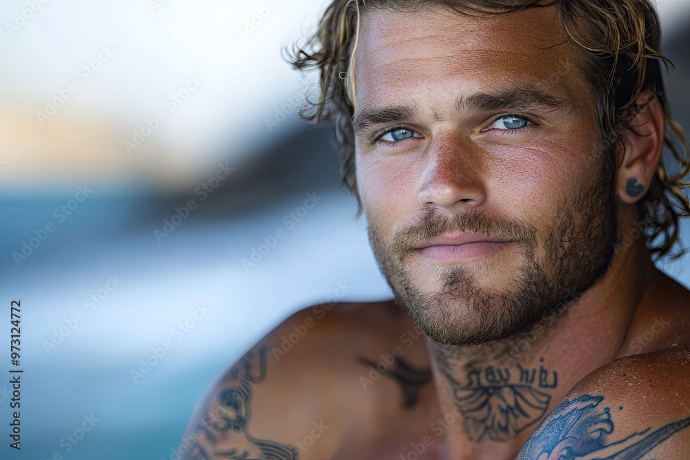 Portrait of an Australian surfer with traditional tattoos, Australia
Portrait of an Australian surfer with traditional tattoos, Australia
