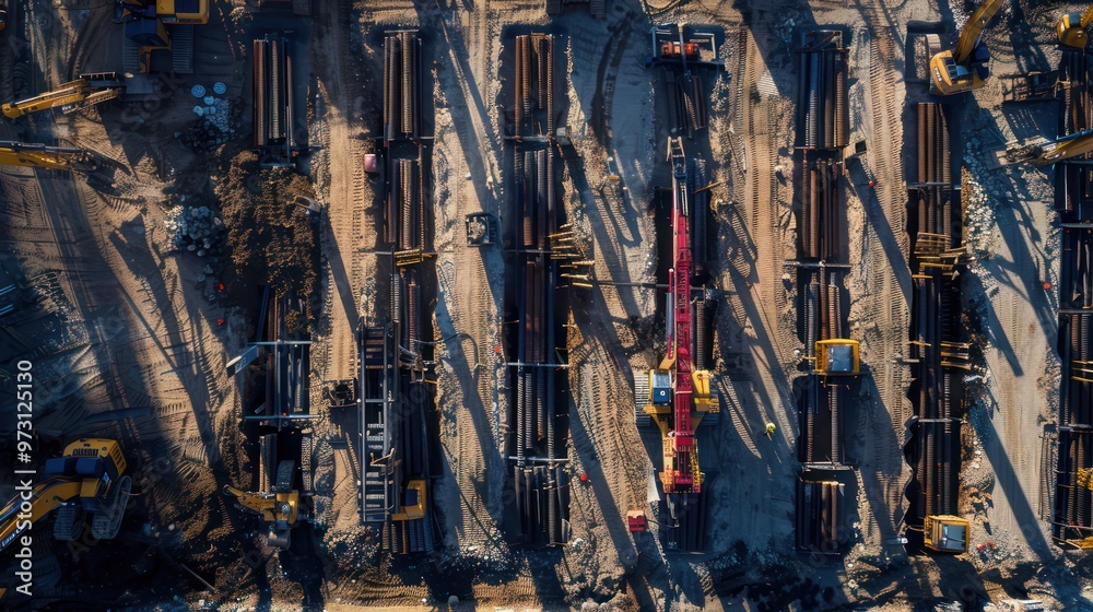 Naklejka premium Aerial View of Construction Site with Excavators and Pipelines