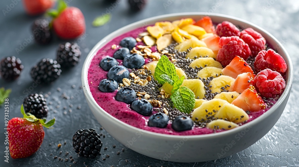 A beautifully arranged smoothie bowl filled with colorful and fresh ingredients, presented in a harmonious and balanced composition.