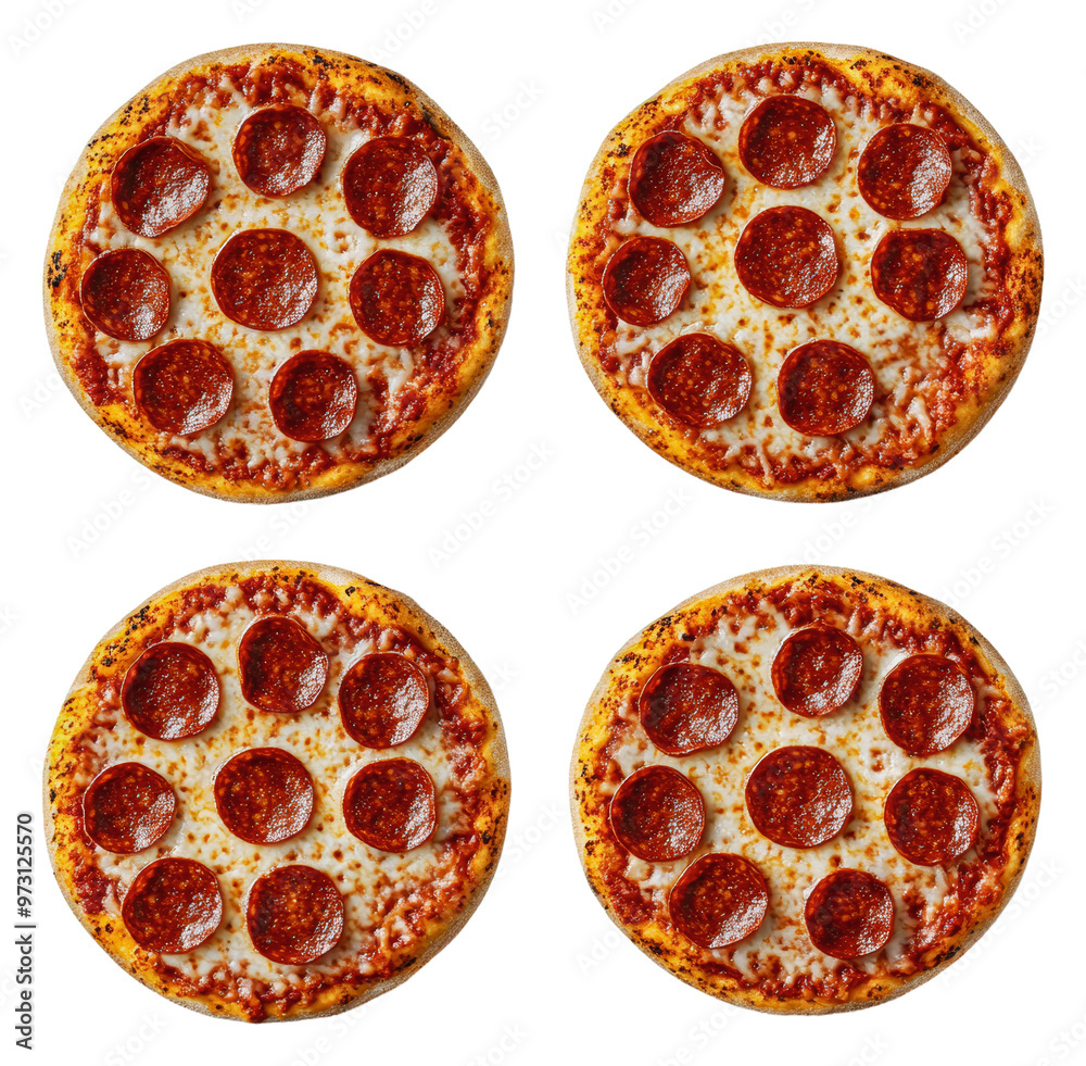 PNG Four pepperoni pizzas on white background PNG Four pepperoni pizzas on white background