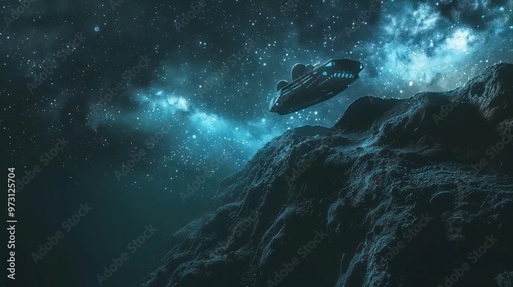Spaceship Flying Over a Mountainous Landscape Spaceship Flying Over a Mountainous Landscape