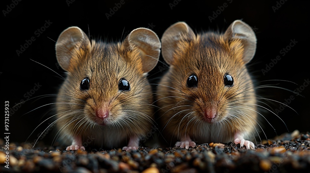 Two adorable brown mice with big ears and black eyes looking directly at the camera. Two adorable brown mice with big ears and black eyes looking directly at the camera.