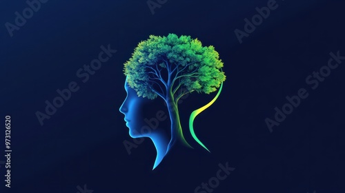 Abstract logo design, theme of psychology, prominent head shape, tree growing from head, symbolic brain. Generative AI photo