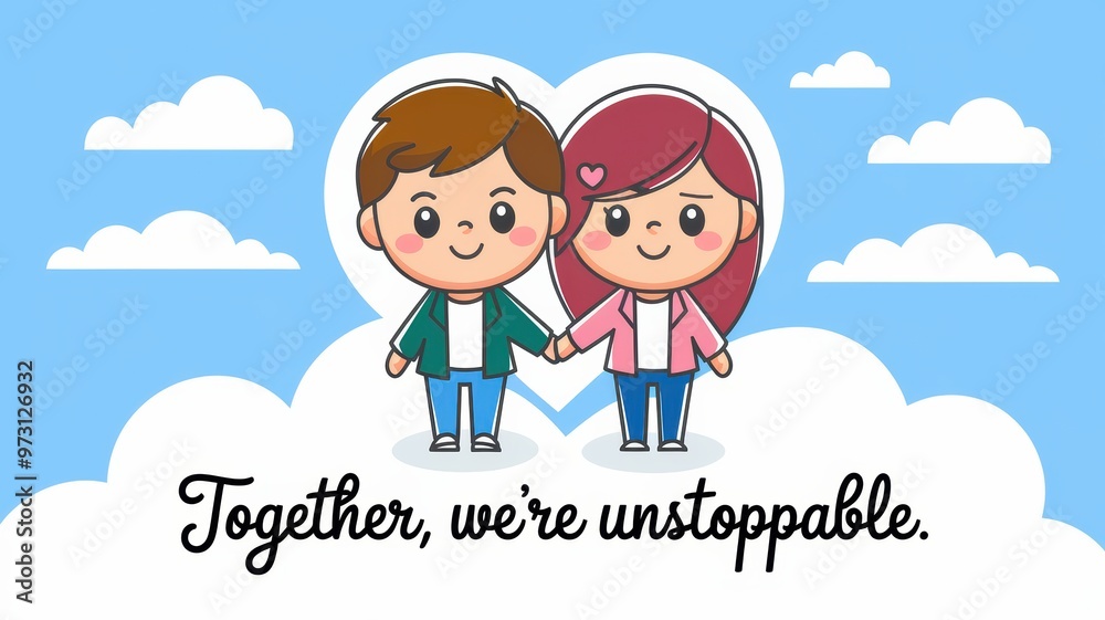 Cute Cartoon Couple Holding Hands with Blue Sky Background Cute Cartoon Couple Holding Hands with Blue Sky Background