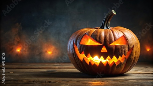 Spooky jack o lantern with glowing eyes and sharp teeth, October, decoration, spooky, Halloween, pumpkin photo