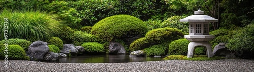 Tranquil Japanese Garden Stone Lantern and Pond Lush Greenery and Gravel Path Still Water Reflection