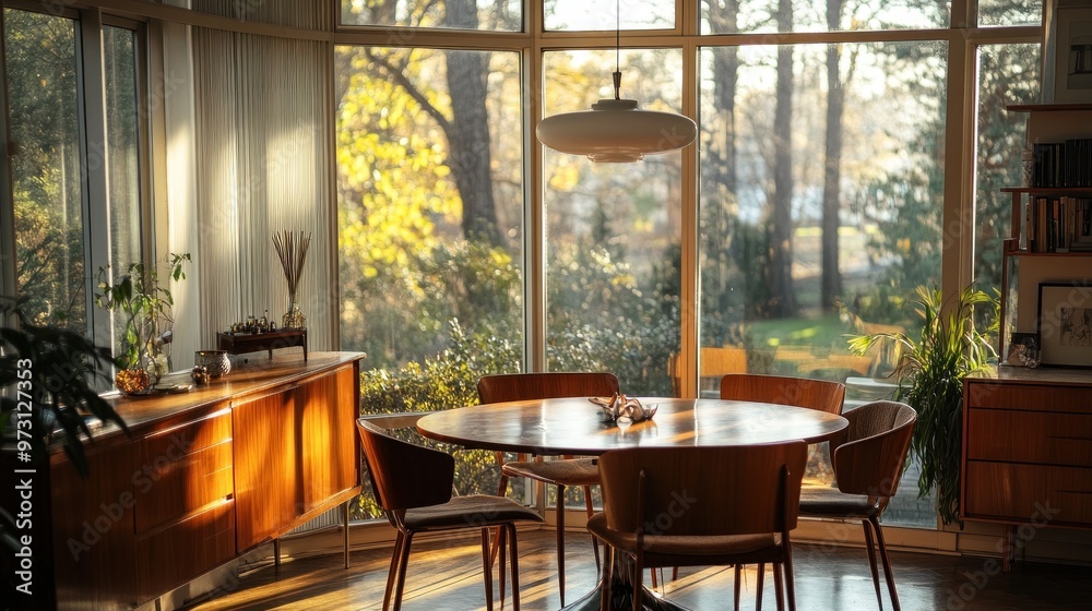 A cozy dining area with wooden furniture, bathed in warm sunlight and surrounded by nature. A cozy dining area with wooden furniture, bathed in warm sunlight and surrounded by nature.