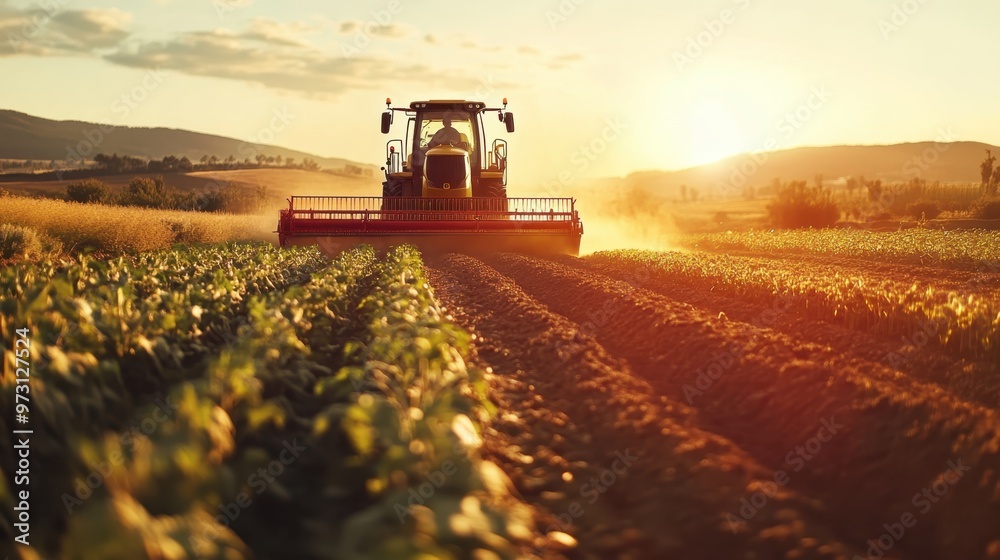 Fototapeta premium Farmers using modern machinery in an agricultural setting, emphasizing the industry's impact on food production.
