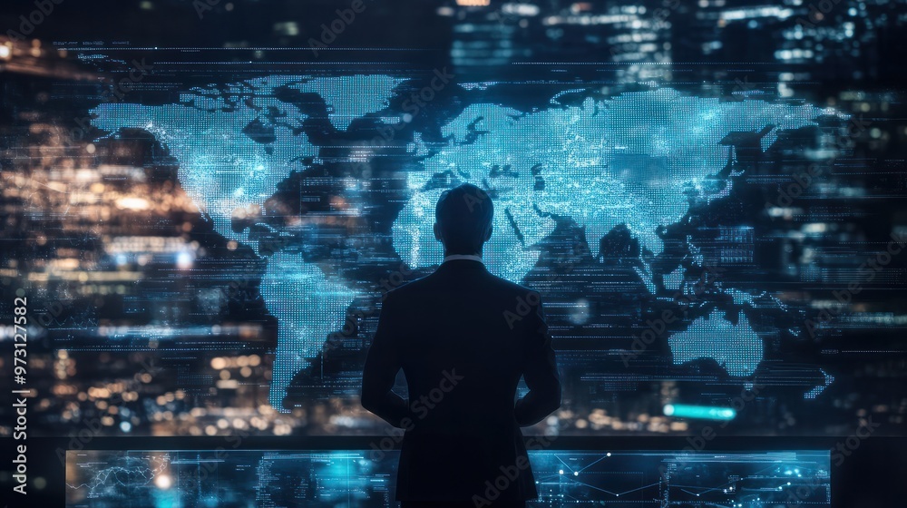 business leader strategizing over a digital map of the world, indicative of the global reach of modern corporations business leader strategizing over a digital map of the world, indicative of the global reach of modern corporations