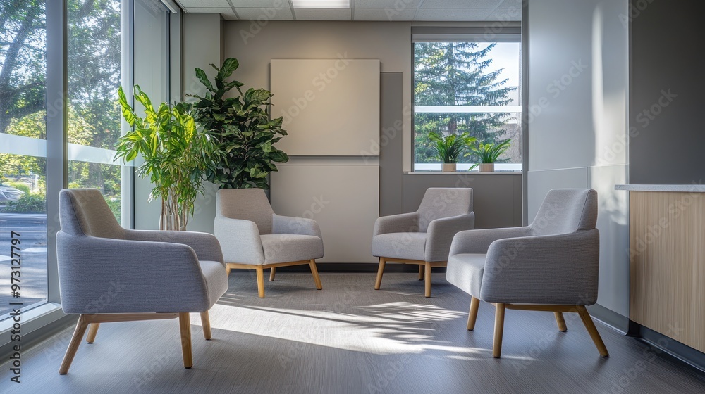 A modern waiting area with four chairs and plants, designed for comfort and relaxation. A modern waiting area with four chairs and plants, designed for comfort and relaxation.