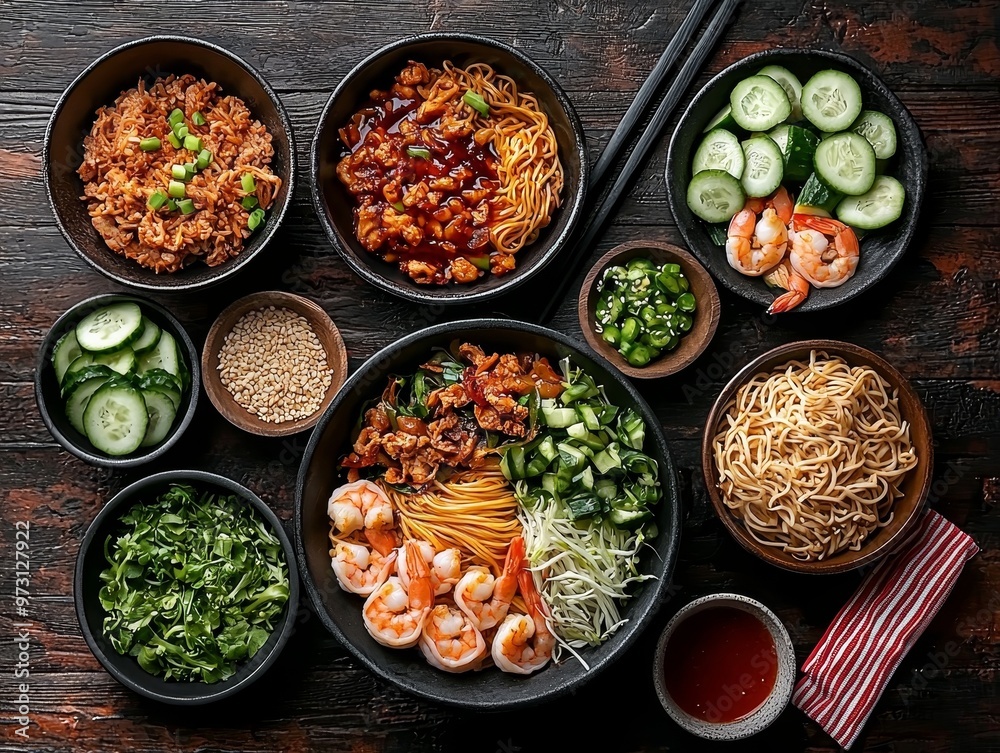 Overhead View of Asian Noodle Bowls with Shrimp Cucumbers and Toppings on Rustic Wooden Table Overhead View of Asian Noodle Bowls with Shrimp Cucumbers and Toppings on Rustic Wooden Table