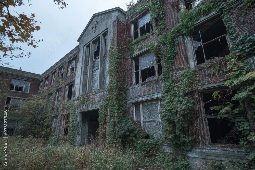 Overgrown Abandoned Brick Building With Broken Windows Overgrown Abandoned Brick Building With Broken Windows