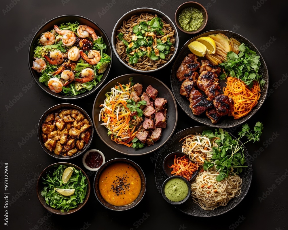 Asian Fusion Feast Overhead View of Black Bowls with Noodles Meat Shrimp Sauces on Dark Background Asian Fusion Feast Overhead View of Black Bowls with Noodles Meat Shrimp Sauces on Dark Background