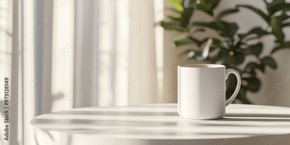 Serene Morning with Single Coffee Mug on White Table - Minimalist Breakfast Concept Serene Morning with Single Coffee Mug on White Table - Minimalist Breakfast Concept