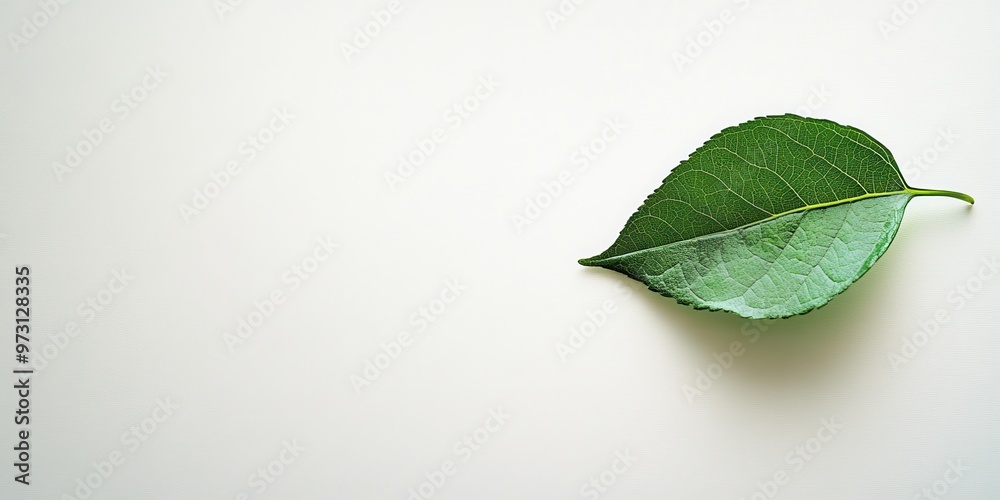 Fototapeta premium Tranquil Minimalism: Single Green Leaf on White Surface, Nature's Simplicity in Minimalist Still Life Composition