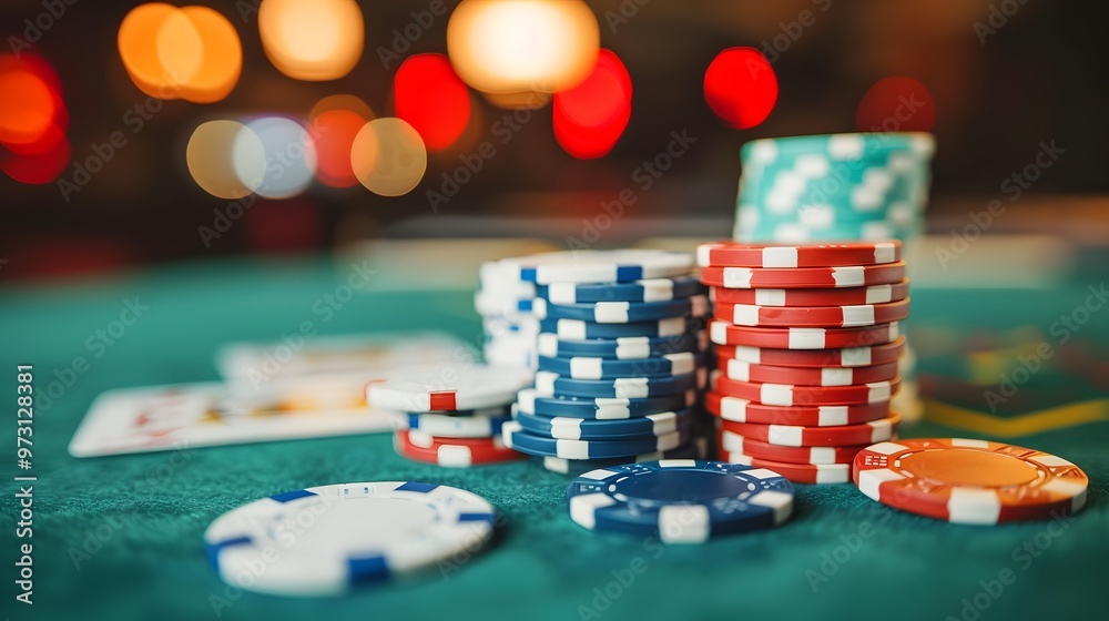 Cards and Chips: A poker scene with playing cards and a stack of colorful poker chips on a green felt table. 
