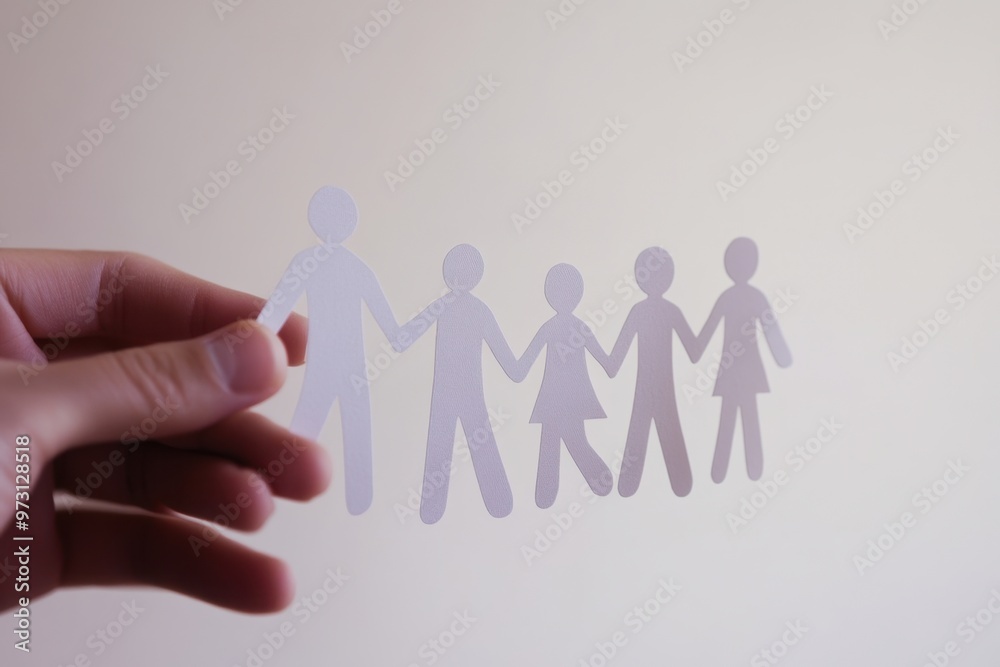 A paper cutout depicts people holding hands, forming the shape of an office team with one person in front and four more behind them Generative AI A paper cutout depicts people holding hands, forming the shape of an office team with one person in front and four more behind them Generative AI