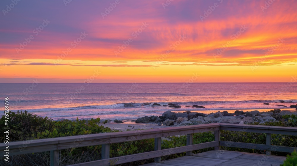 Breathtaking Sunset Over Ocean Waves and Coastal Landscape Breathtaking Sunset Over Ocean Waves and Coastal Landscape