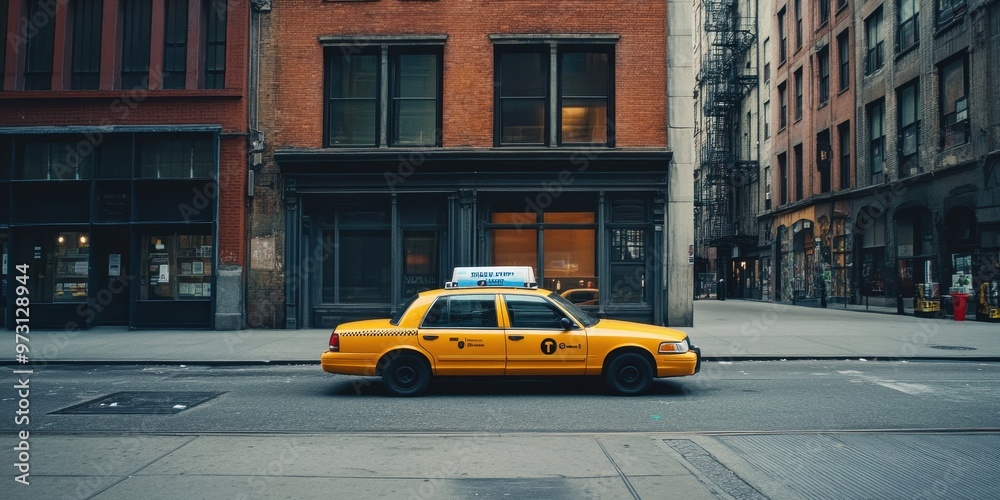 Fototapeta premium Solitary Yellow Taxi in Serene Urban Landscape - Minimalist Cityscape with One Cab Parked in Quiet Street