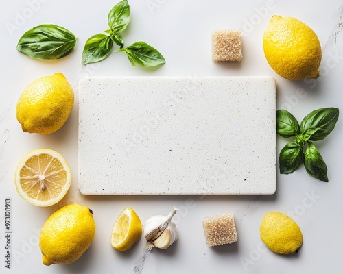 Lemons Basil and Garlic on White A Culinary Composition photo