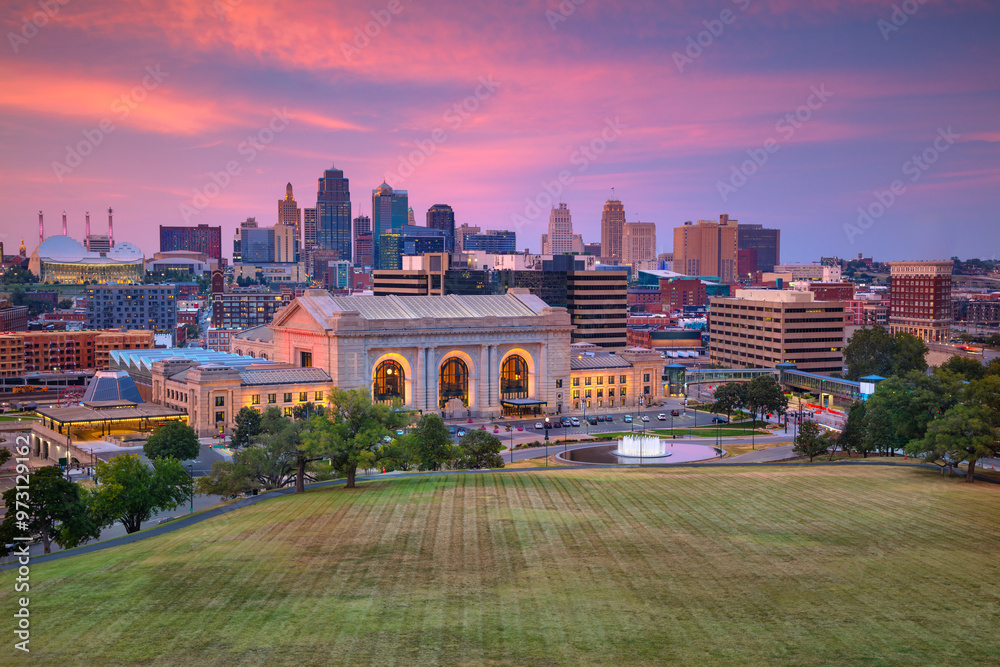 Kansas City, Missouri, USA. Aerial cityscape image of Kansas City skyline at autumn sunset.