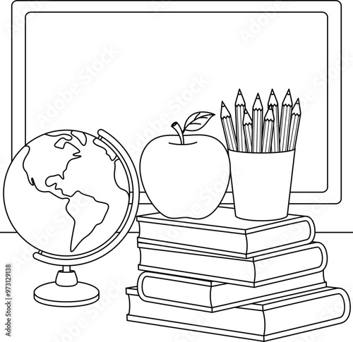 Obraz na płótnie An apple on the teacher’s desk with a stack of books, school globe and a pencil holder outline coloring page w salonie