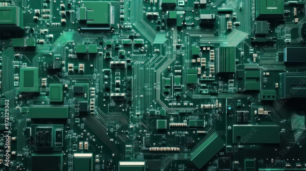 Fototapeta premium Futuristic green circuit board, intricate electronic components and pathways, white background, copy space