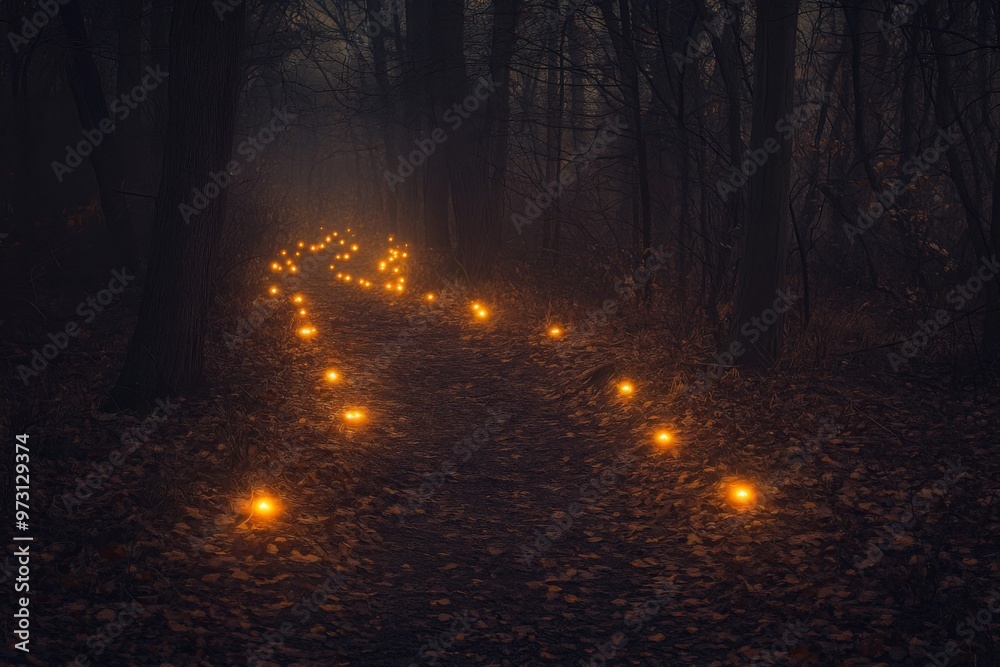 Obraz premium A Path of Glowing Lights Through a Dark and Foggy Forest