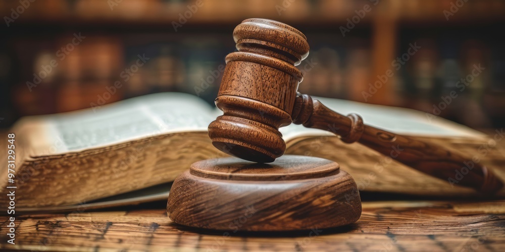 Gavel and Open Book on Wooden Table Gavel and Open Book on Wooden Table
