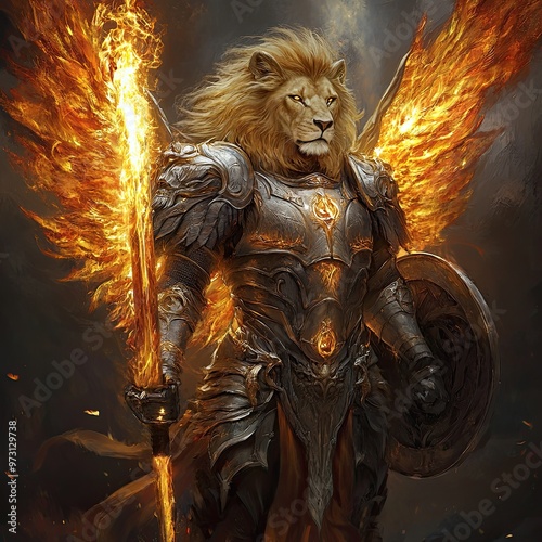 Majestic Lion Warrior with Fiery Wings