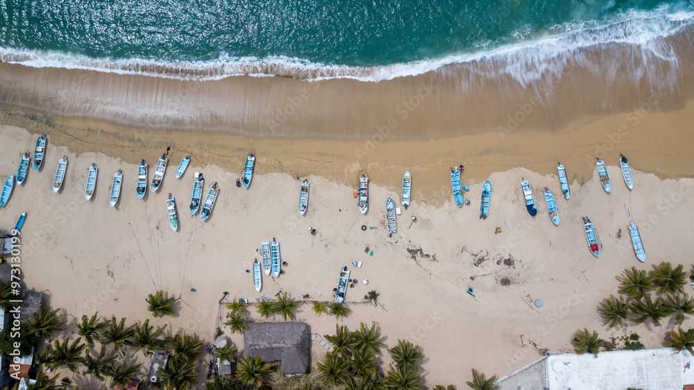 Fototapeta premium Aerial view of Puerto Angel, a Mexican town located in the State of Oaxaca, Mexico