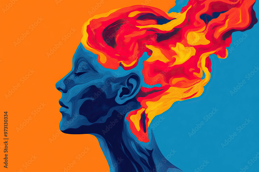 A vibrant illustration of a woman's profile with fiery colors emerging from her head, symbolizing creativity and passion.