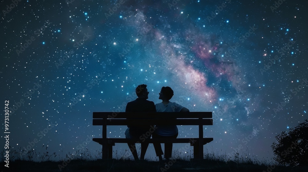 Couple sitting hand in hand on a bench under a starry sky, radiating family joy and togetherness Couple sitting hand in hand on a bench under a starry sky, radiating family joy and togetherness