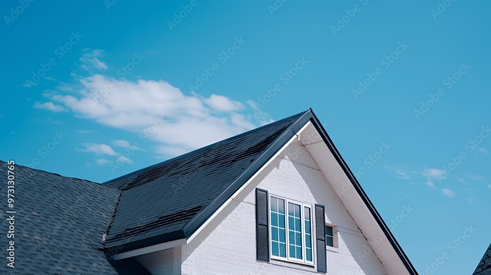 Black roof with white gable and window against blue sky. Black roof with white gable and window against blue sky.