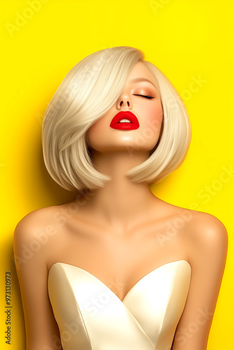 A woman with blonde hair and red lipstick is posing for a photo. The image has a bright and cheerful mood, with the yellow background and the woman's bright red lips