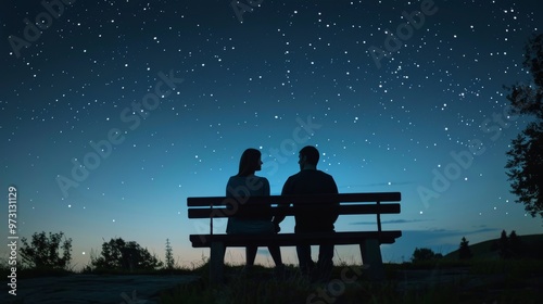 A couple enjoying a joyful evening under the stars, embracing love and togetherness on a bench